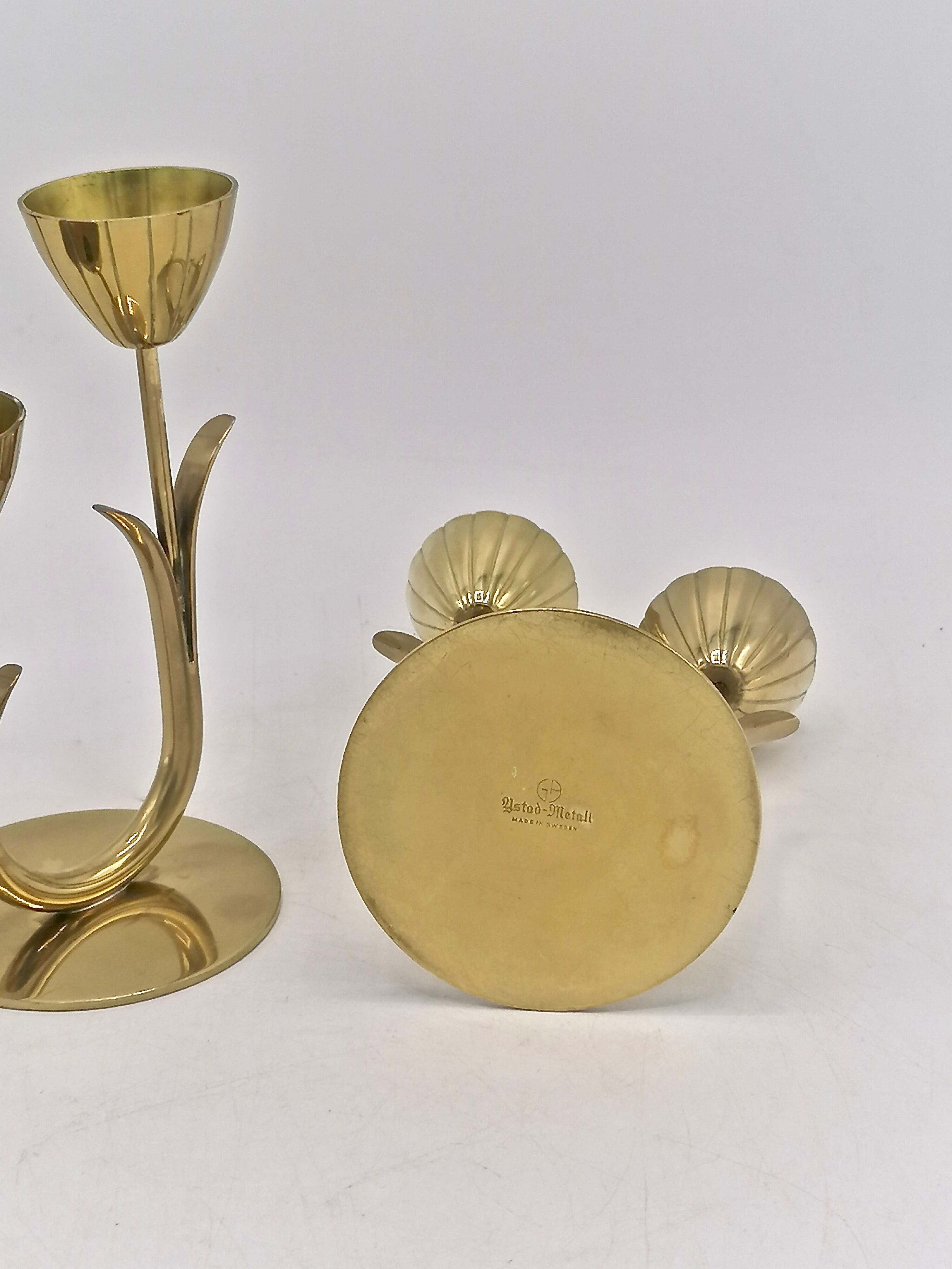 Pair of brass flower candlesticks, Gunnar Ander, Sweden 1960