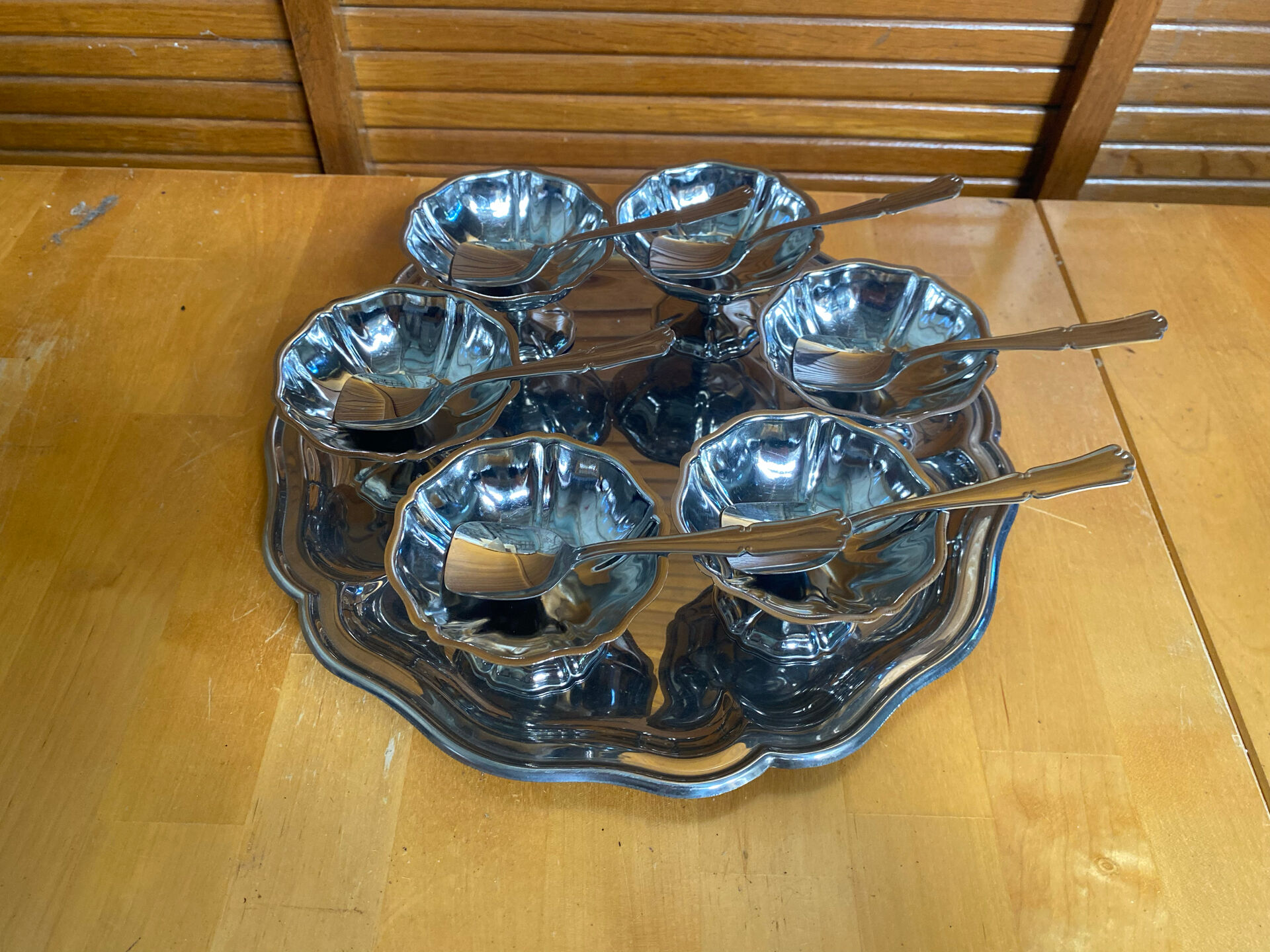 Ice Cream Service GUY DEGRENNE Tray + 6 Bowls + 6 Vintage Spoons