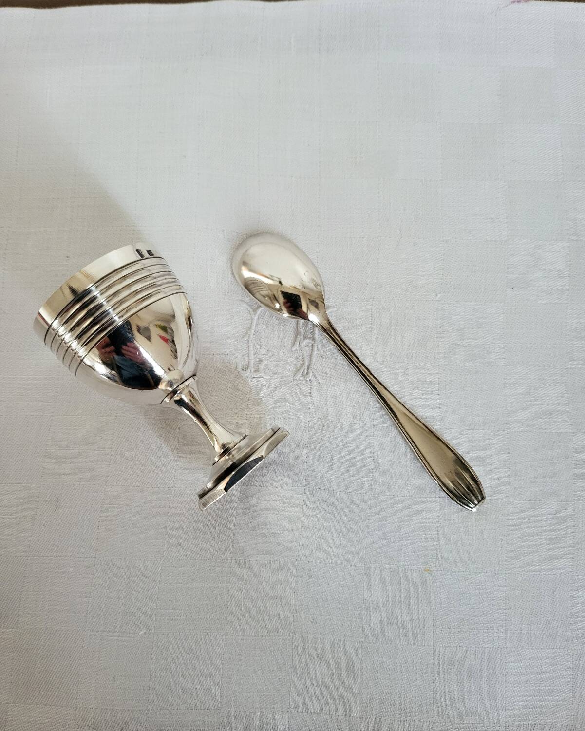 Egg Cup and Small Spoon in Silver Metal