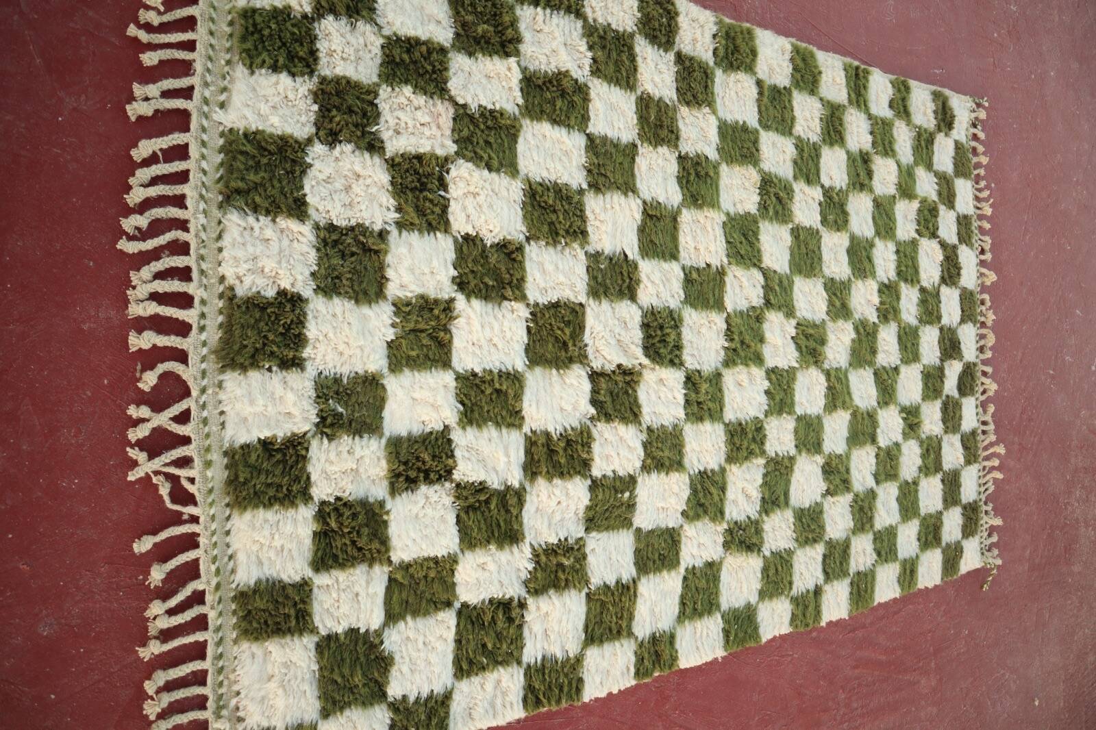 Beni Ouarain rug in Khaki Green and Cream Checkerboard, Handmade, 250x150cm