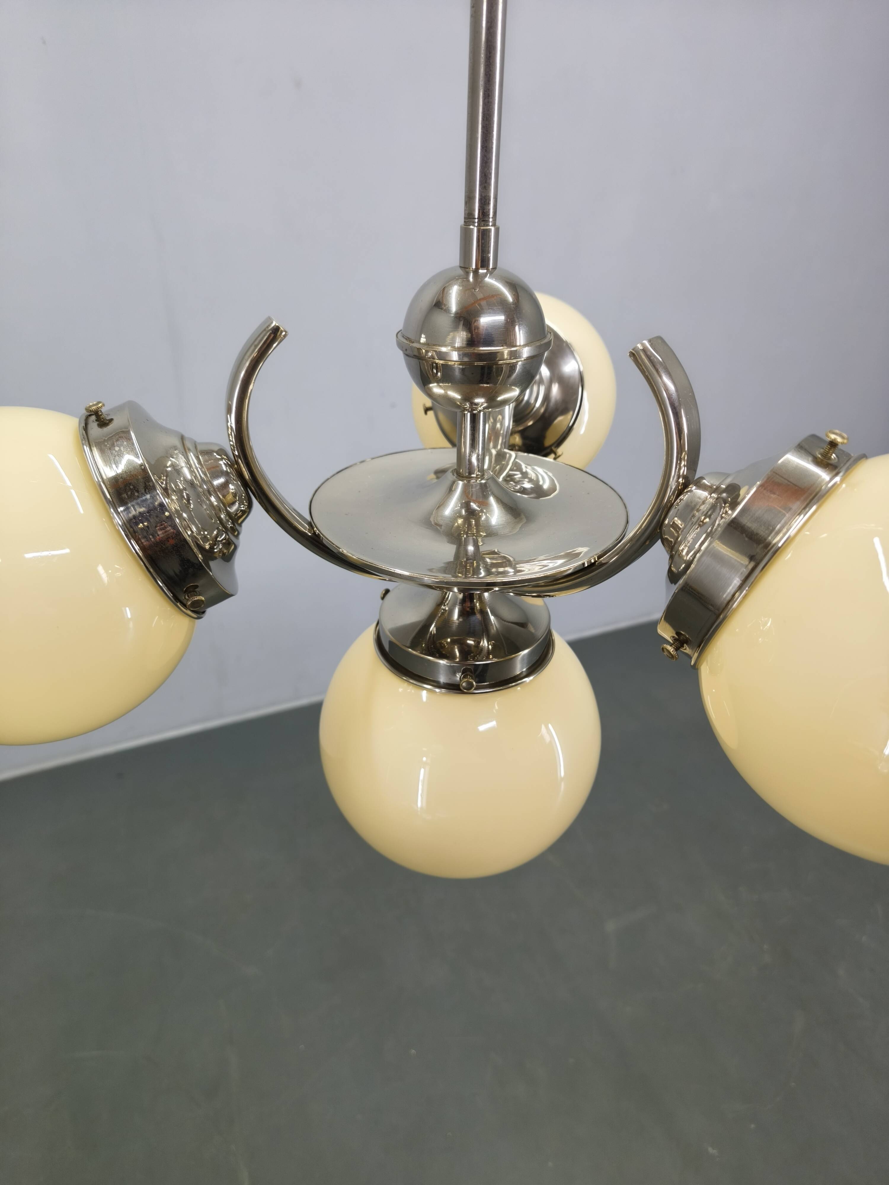 Bauhaus Globe Chandelier Czechoslovakia 1930s Chrome Pendant