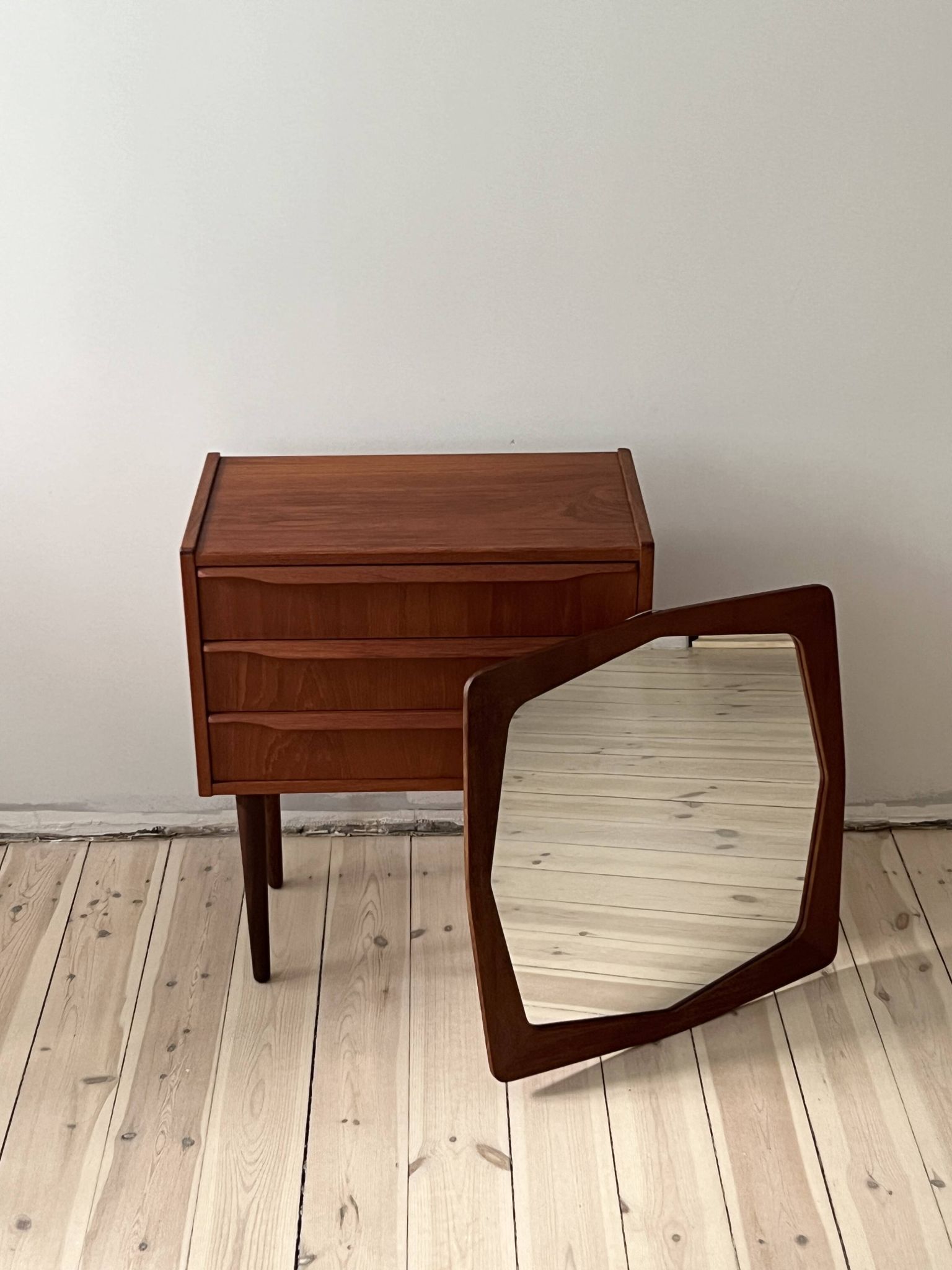 Danish vintage set of chest of drawers and mirror, teak, 1960s