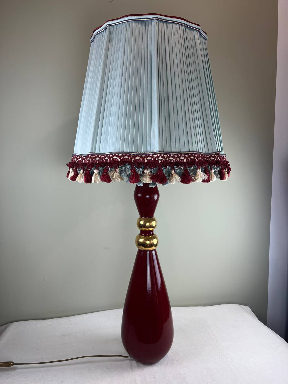Grande lampe vintage en céramique rouge signée Drimmer – abat-jour pl