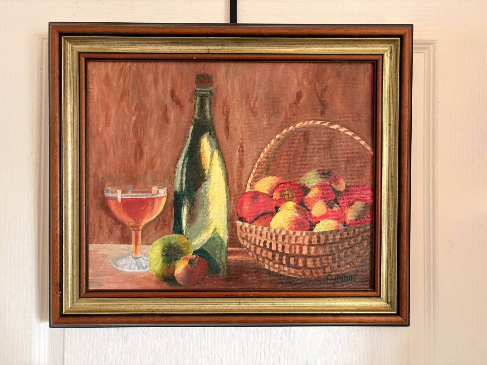 oil painting canvas still life fruit cider Normandy Calvados signed