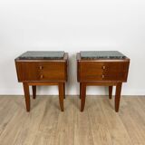 Paire de chevets ou tables d'appoint chêne et marbre vert de mer