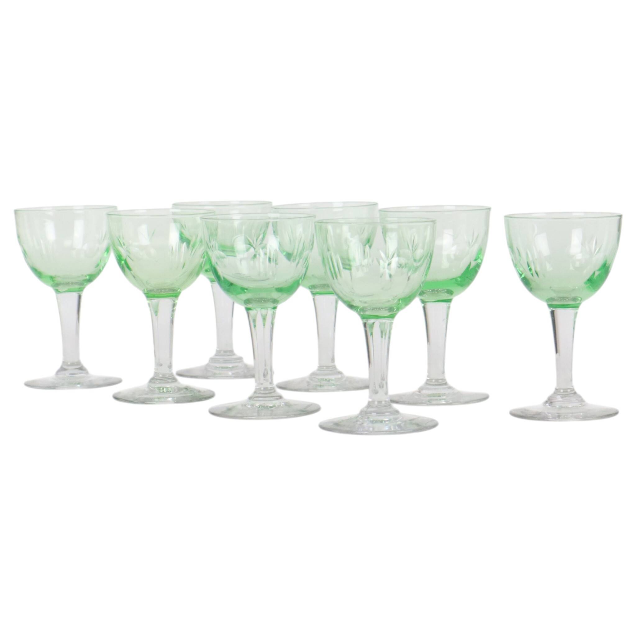 Set of 8 Val Saint Lambert Uranium Glass Aperitif Glasses
