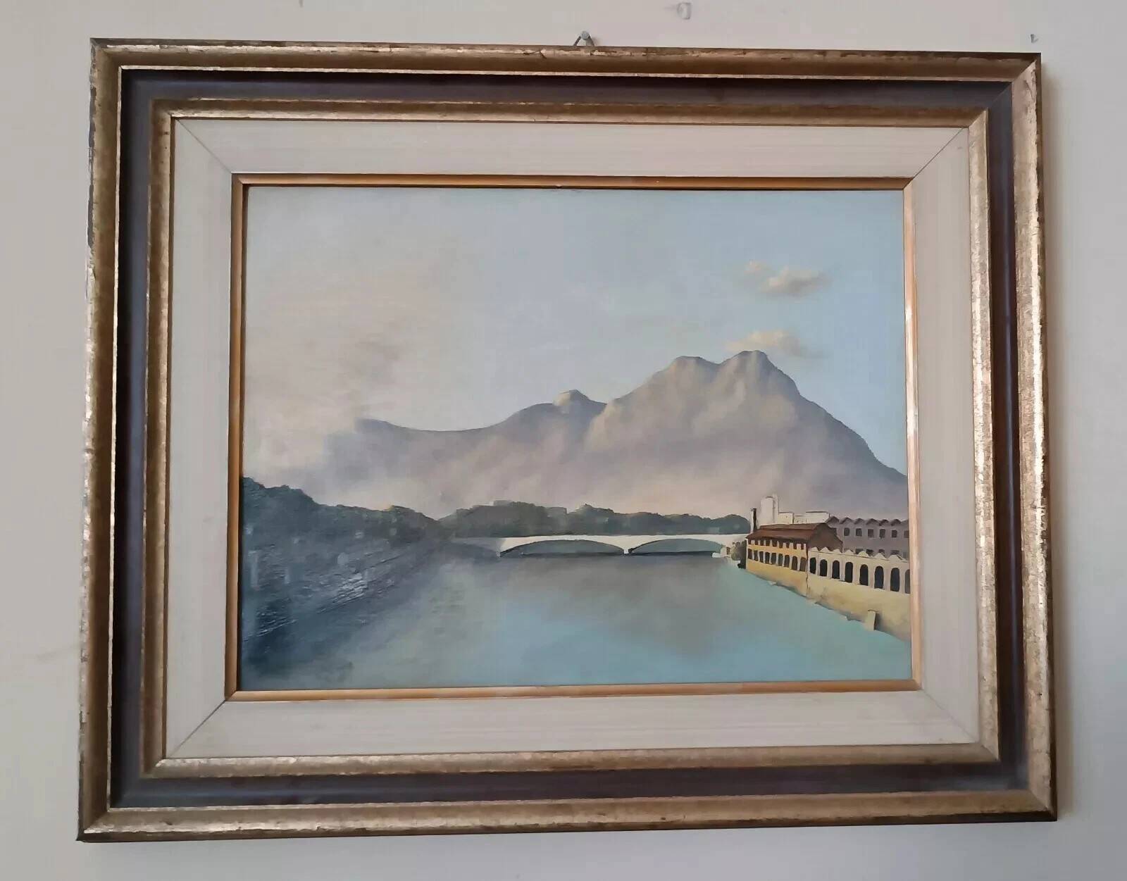 Oil painting on canvas board, 1950s, signed NAVA, lake, river.