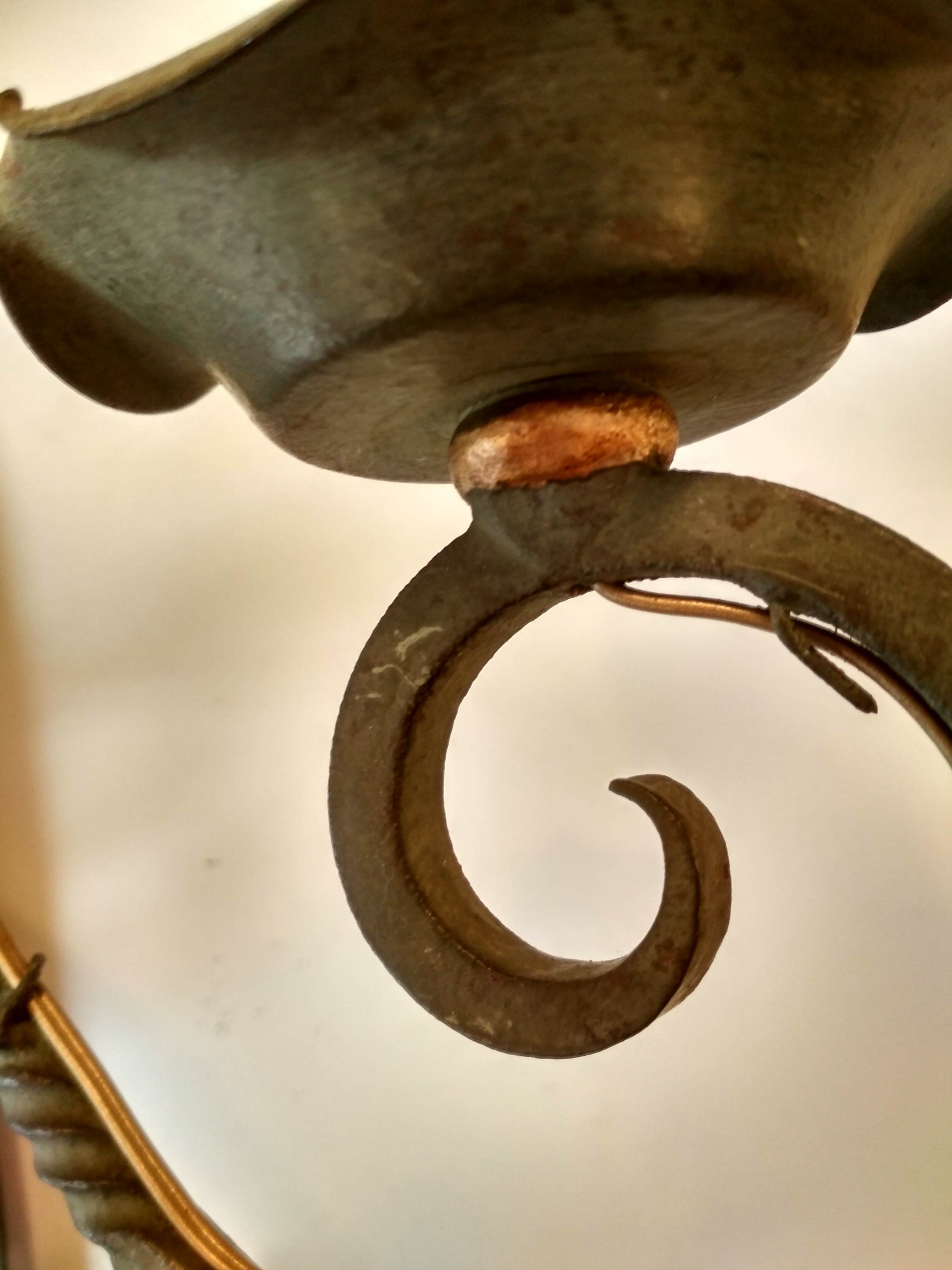 Pair of old wrought iron sconces patina green and gold - 2 lights