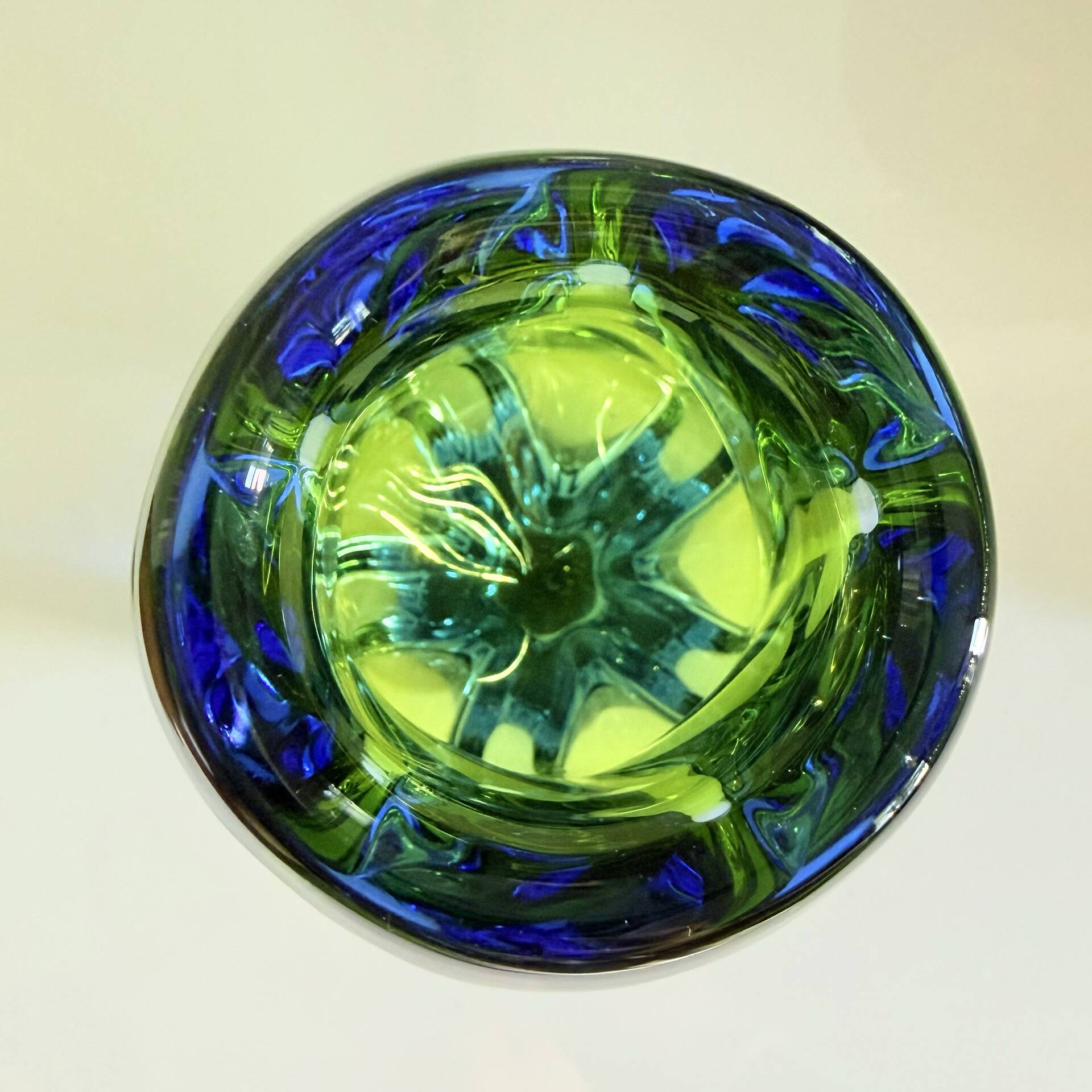 Twisted Sommerso art glass vase, Czech bohemian, 1970s, blue-green.