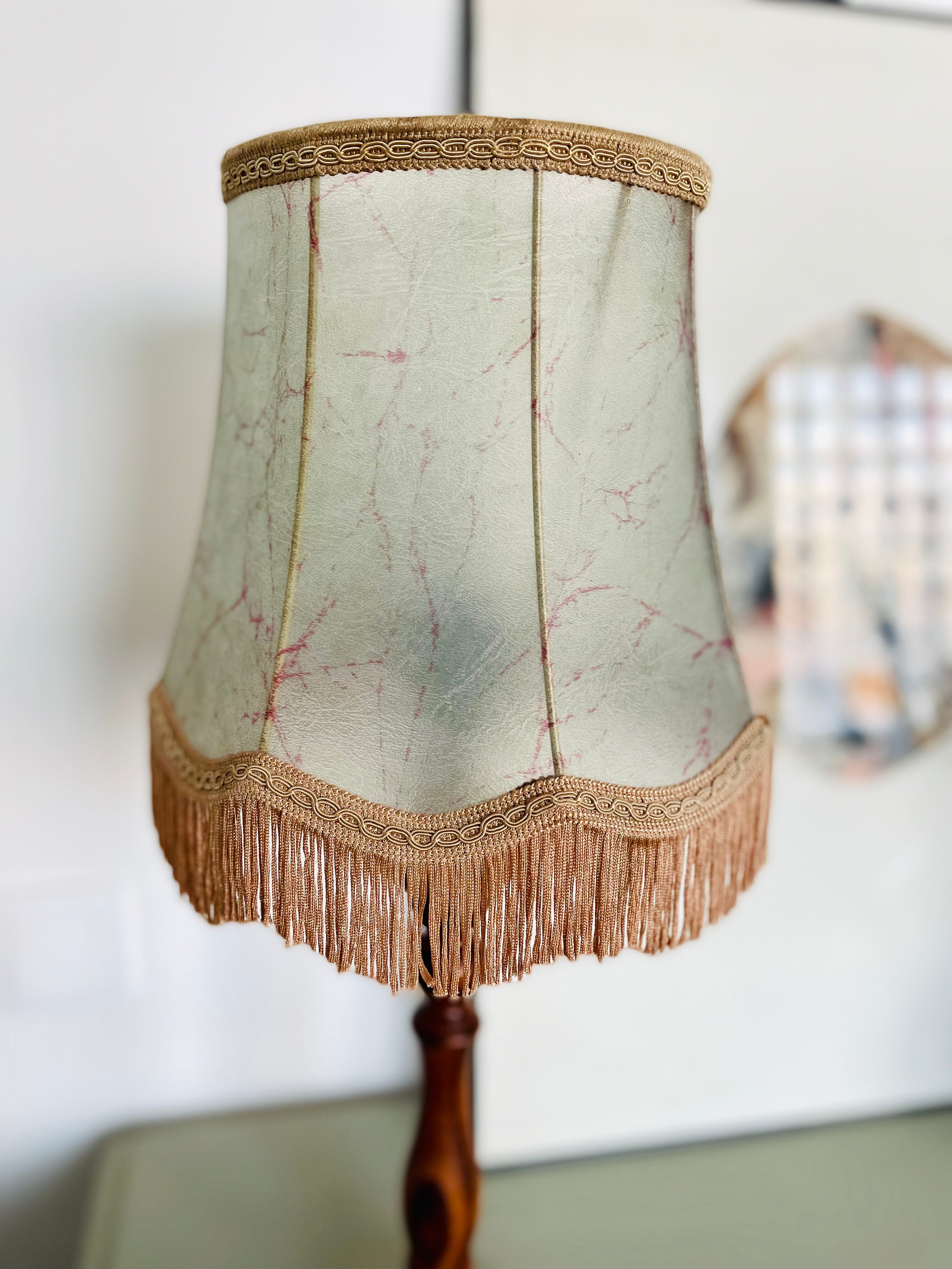 Vintage table lamp foot wood turned lampshade fringes