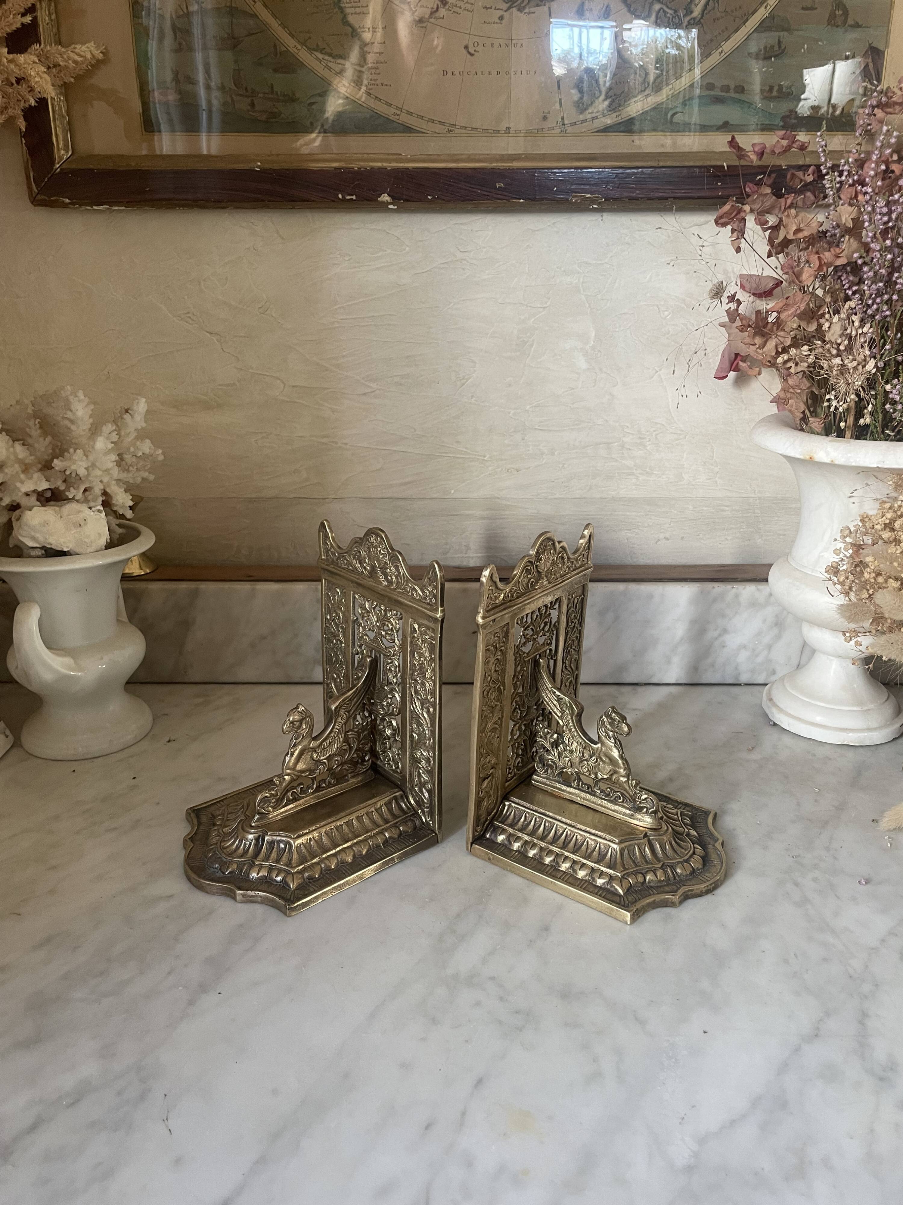 pair of Gothic decorative bookends in brass 1920