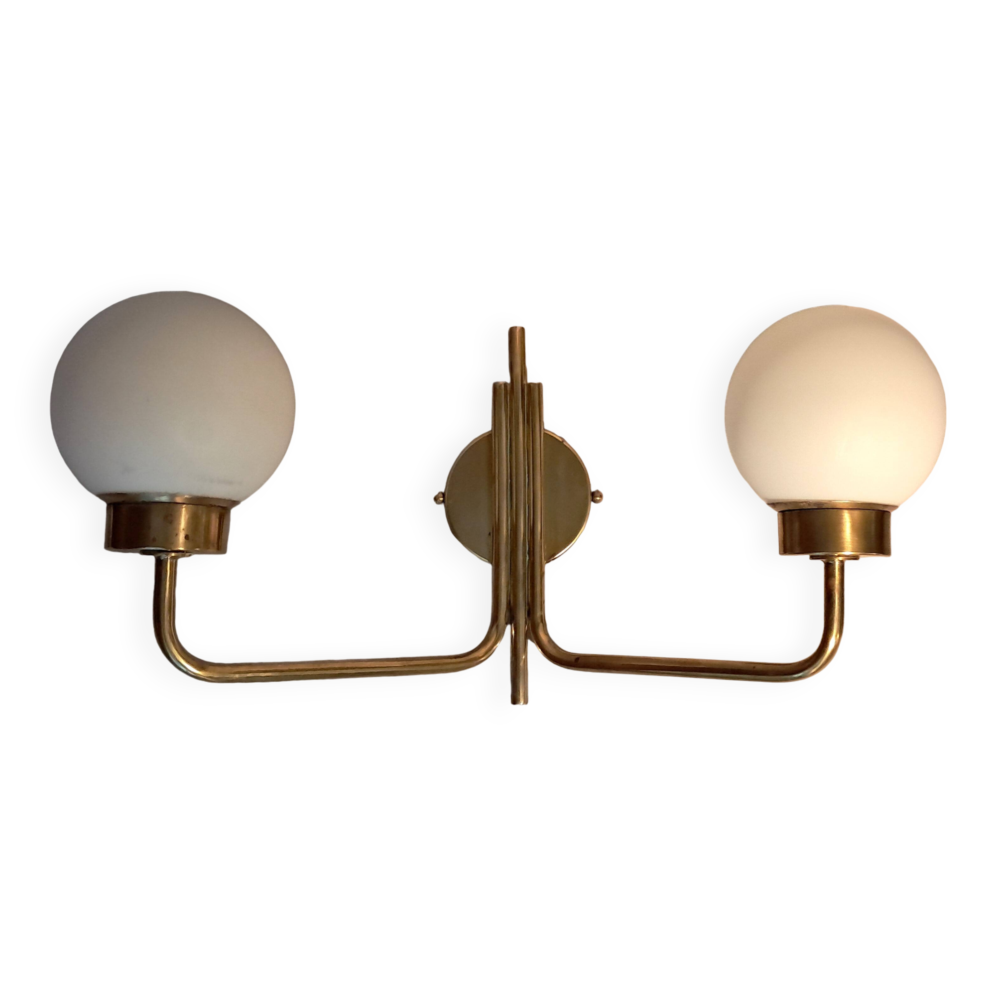 Brass and opaline two-light wall lamp, 1960