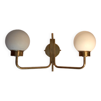 Brass and opaline two-light wall lamp, 1960