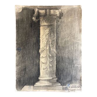 Etude néo classique colonne en plâtre au fusain atelier des beaux arts 1927