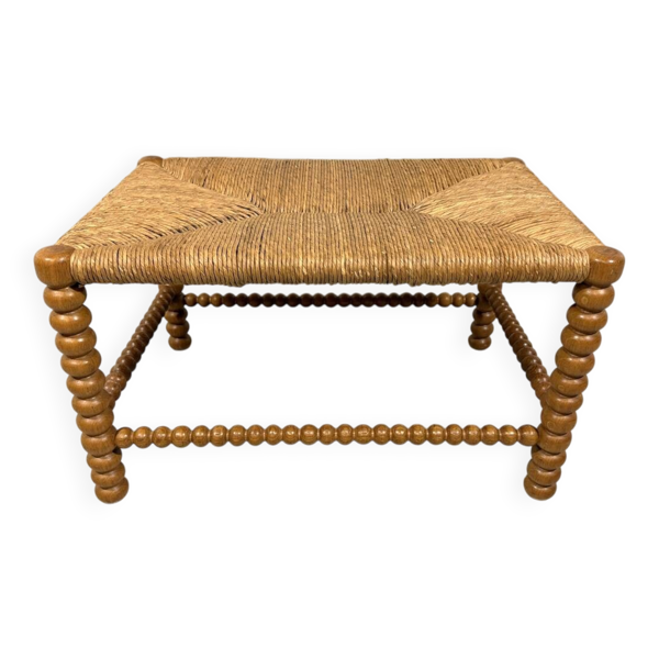 Tabouret en chêne bas avec assise en paille des années 1930