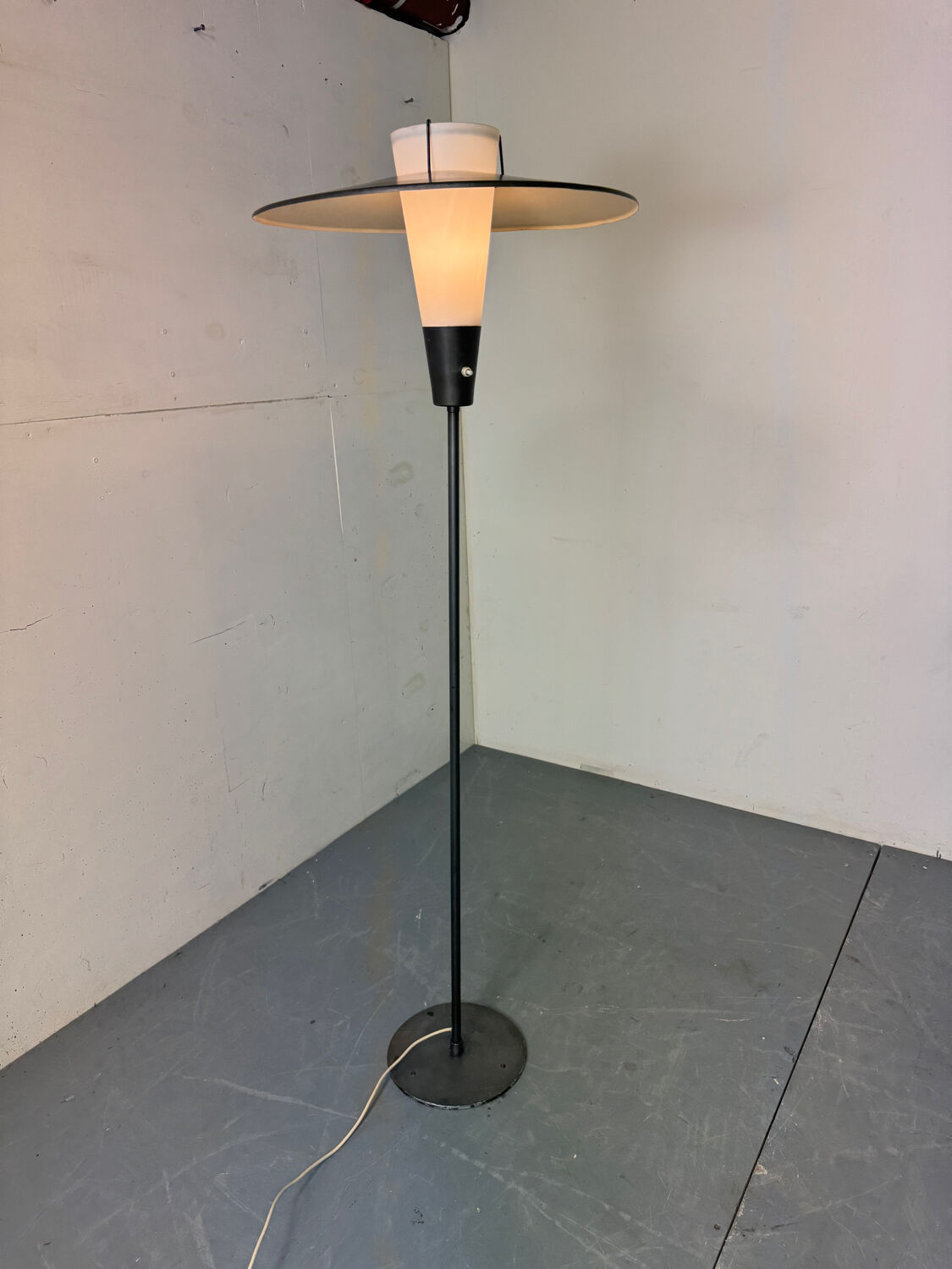 Mid Century France Modernist steel, brass and glass floor lamp, 1950s
