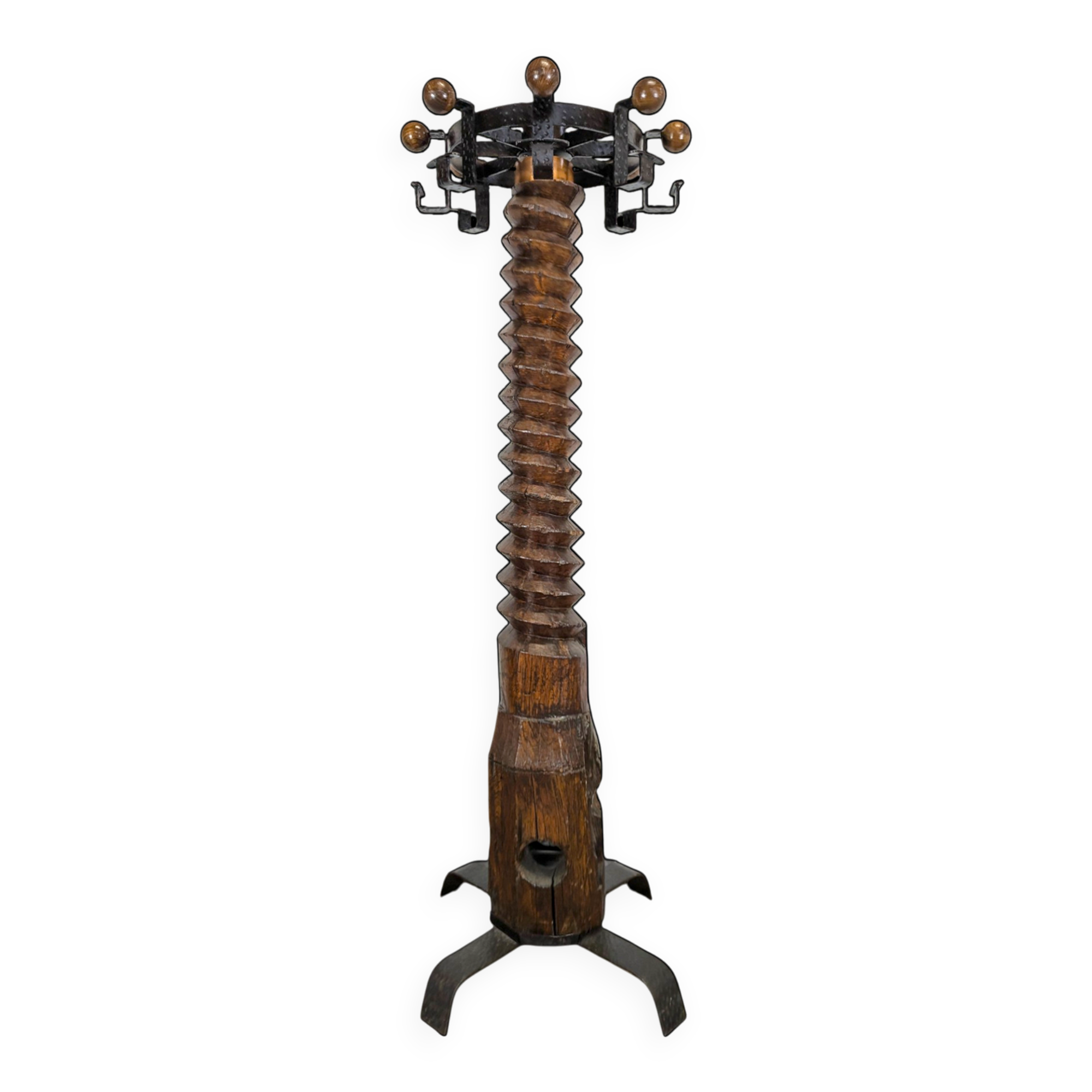 Oak and hammered iron press screw coat rack