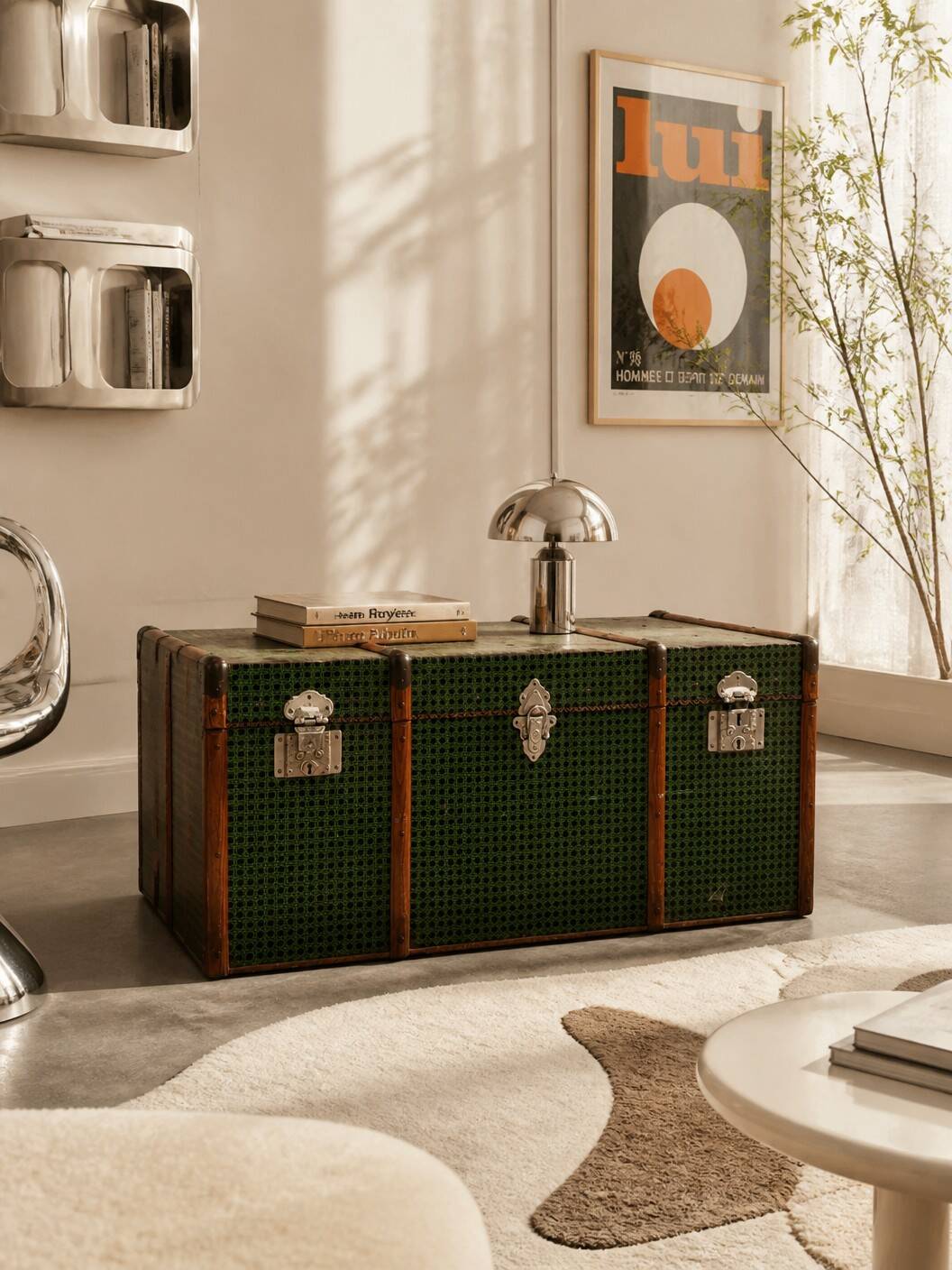 Vintage wooden and metal green travel trunk, circa 1930.