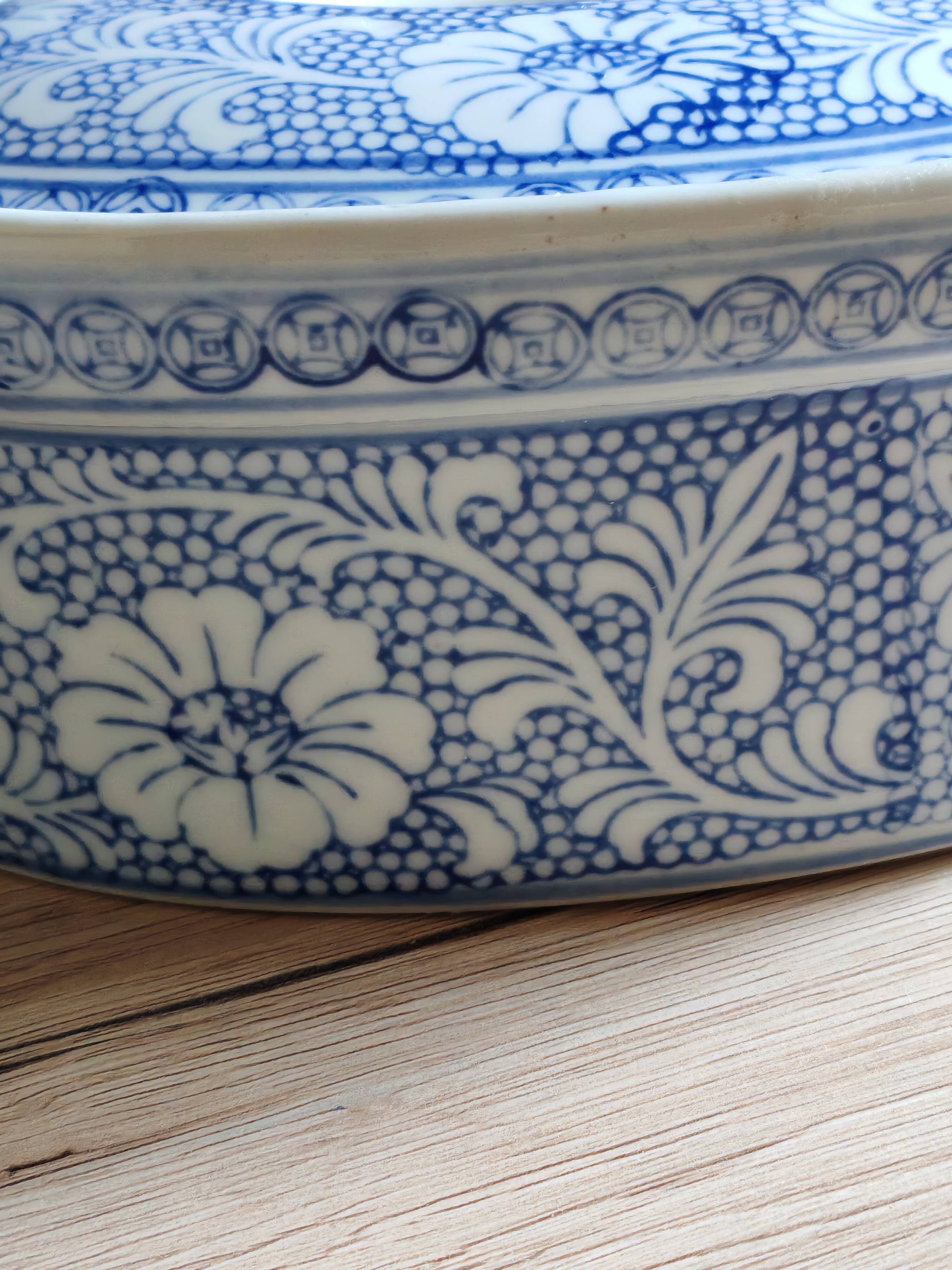 Oval Vintage Terrine in Blue and White Porcelain, Casserole with Lid
