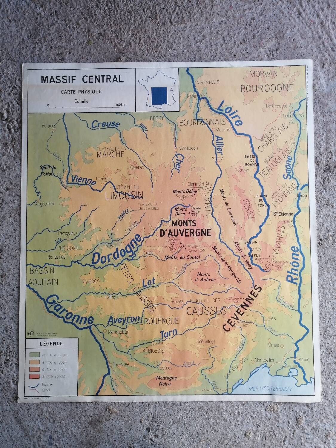 Vintage school map of France, Mediterranean, Corsica, Massif Central