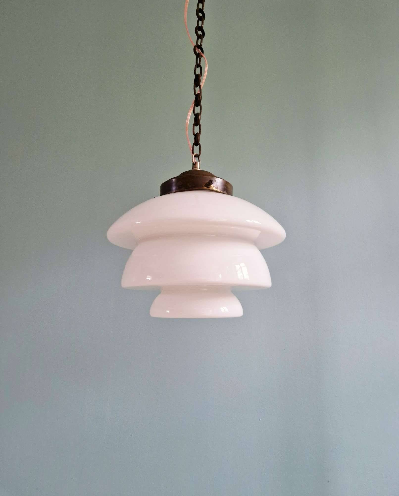 Art Deco pendant light in white opaline and copper frame, 1920s-30s