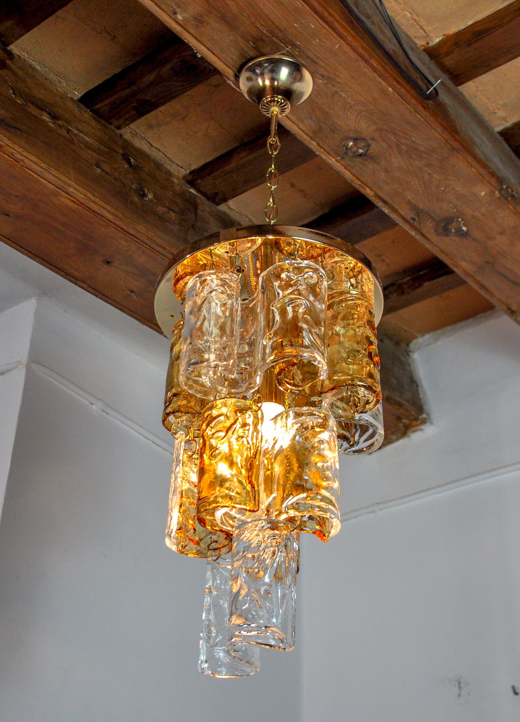 Two-tone chandelier by Zero Quattro, 3 levels, orange and transparent murano glass, Italy, 1970