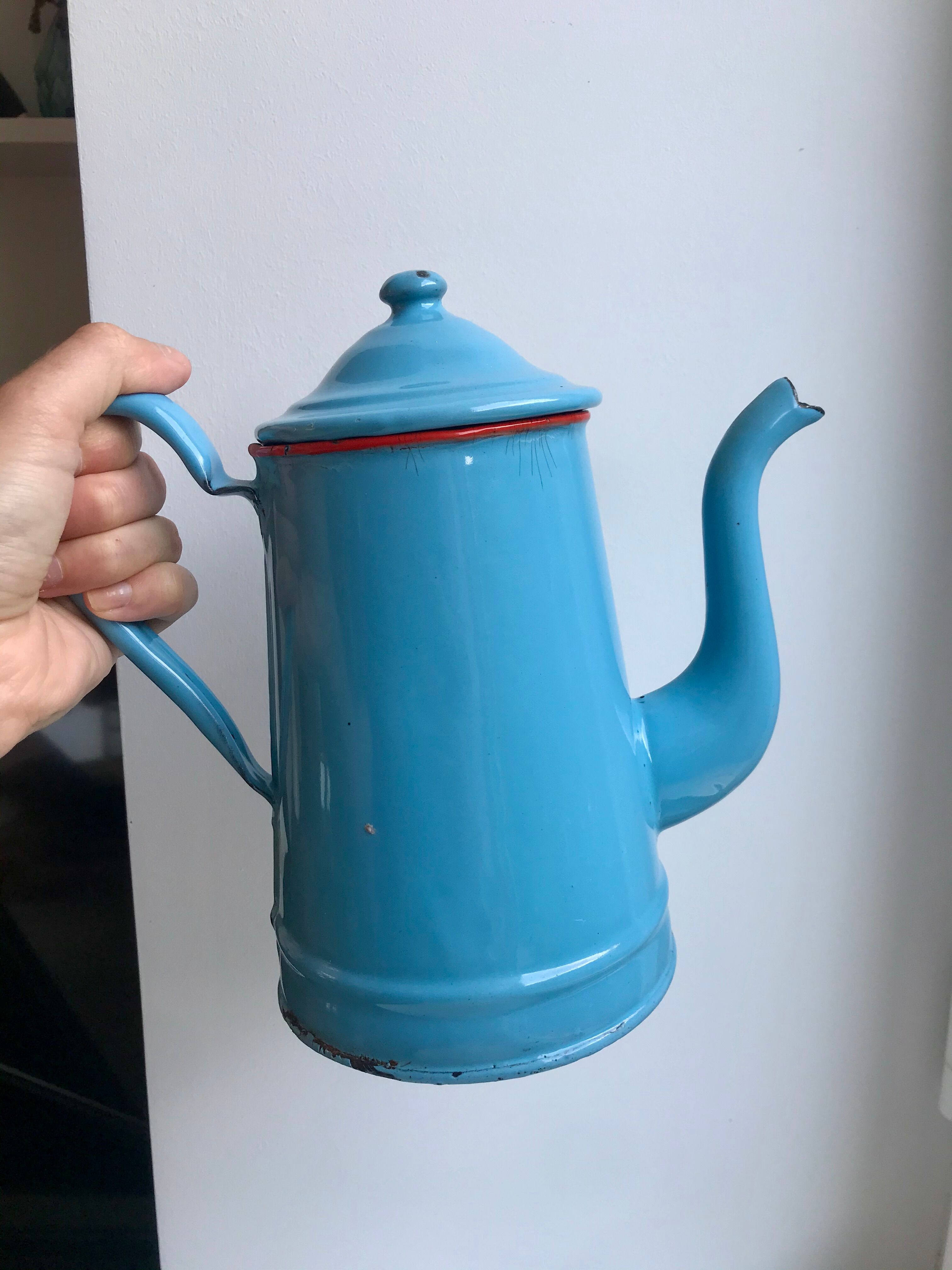 enamelled metal coffee maker in sky blue and red early twentieth century