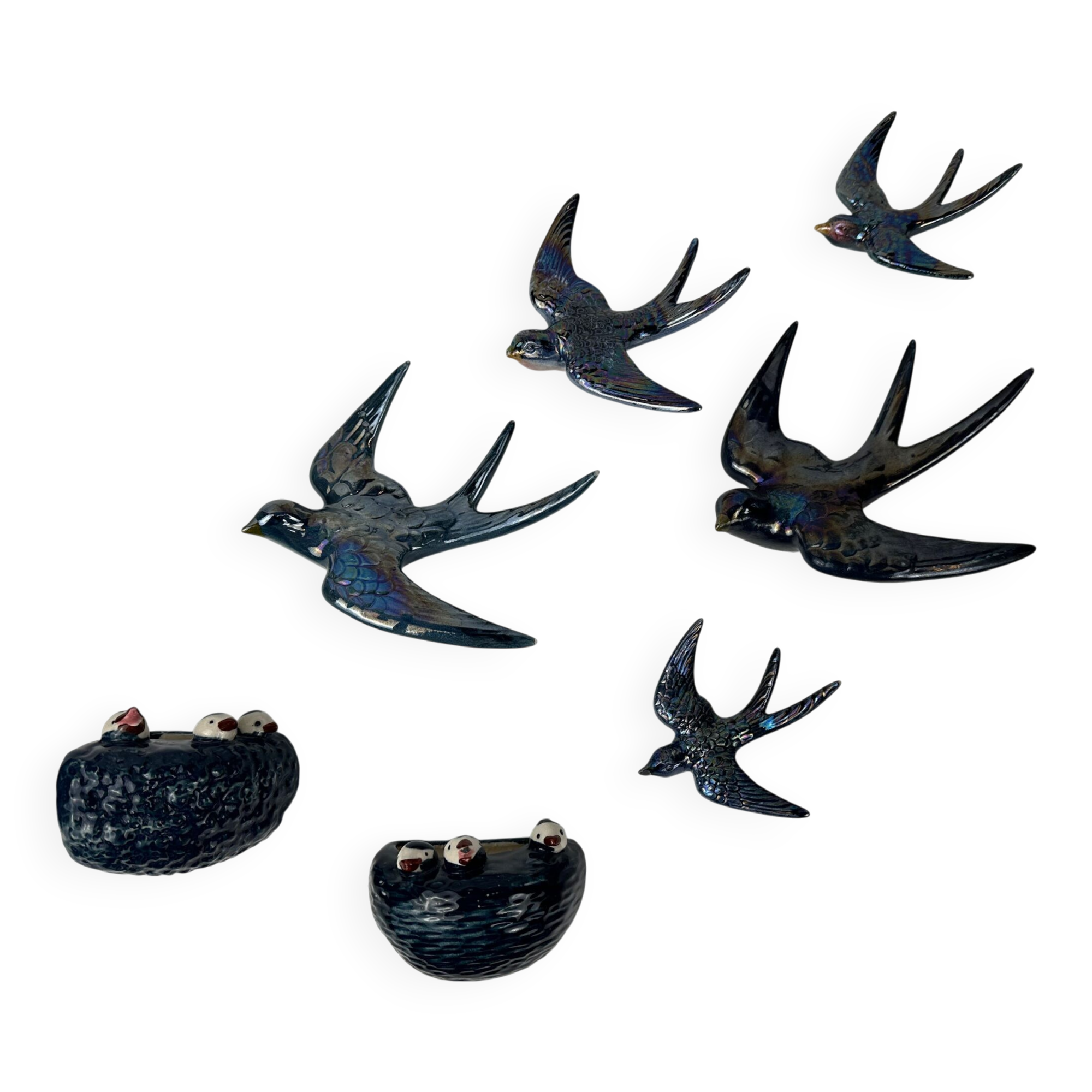 5x Original mid-century wall swallows and their nests (2x) – W. Germany