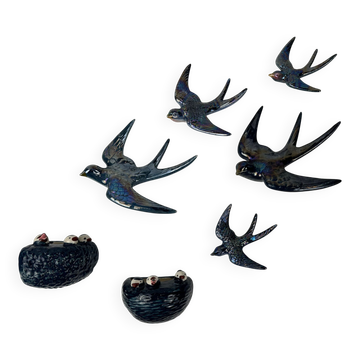 5x Original mid-century wall swallows and their nests (2x) – W. Germany