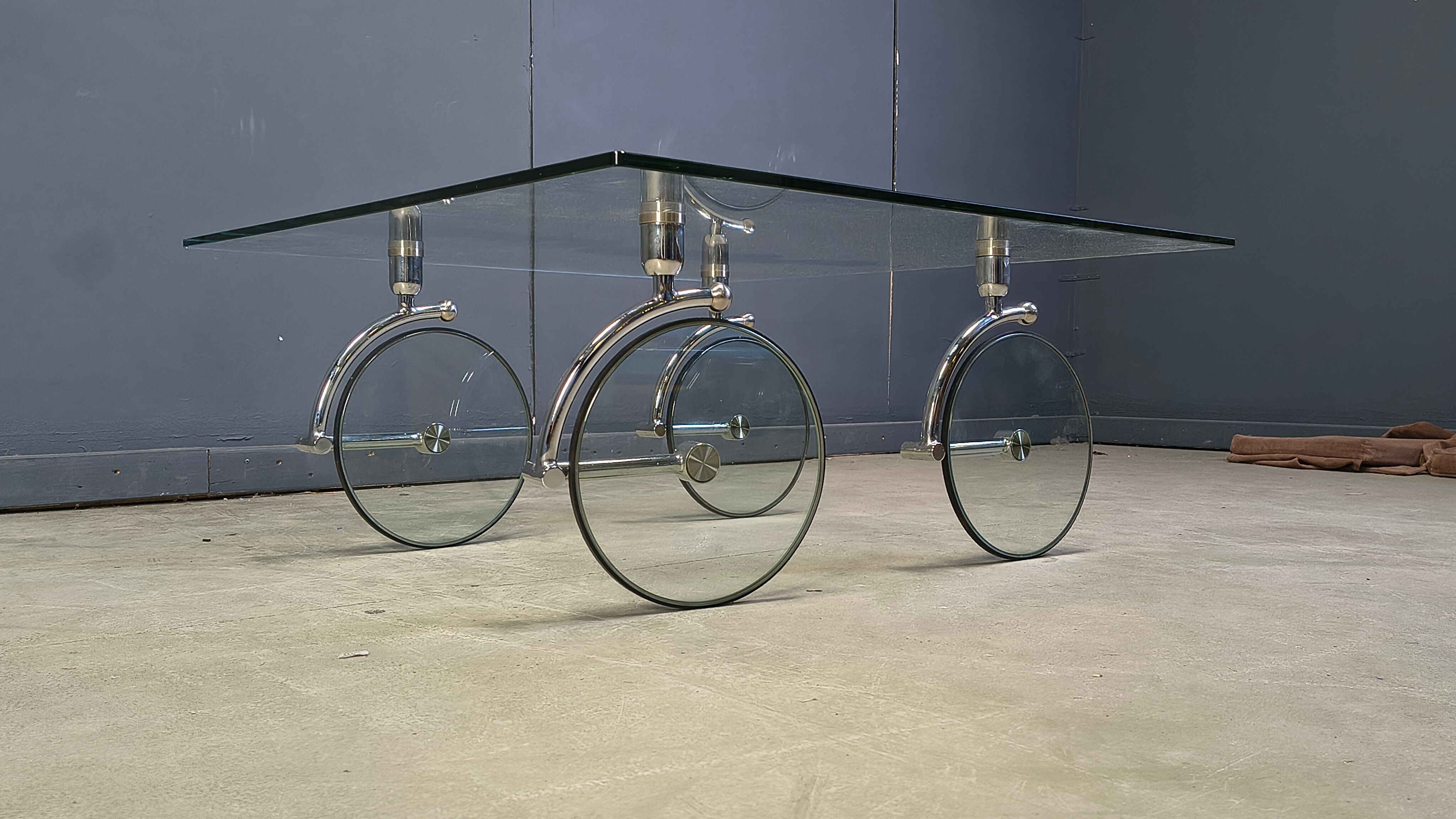 Glass coffee table with wheels, 1980s