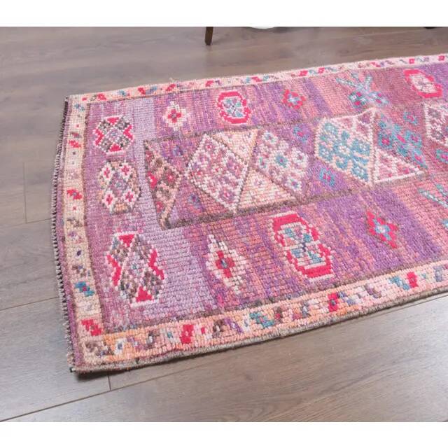 Vintage Turkish Oushak Handmade Cotton Purple Wool Runner Rug 80x348
