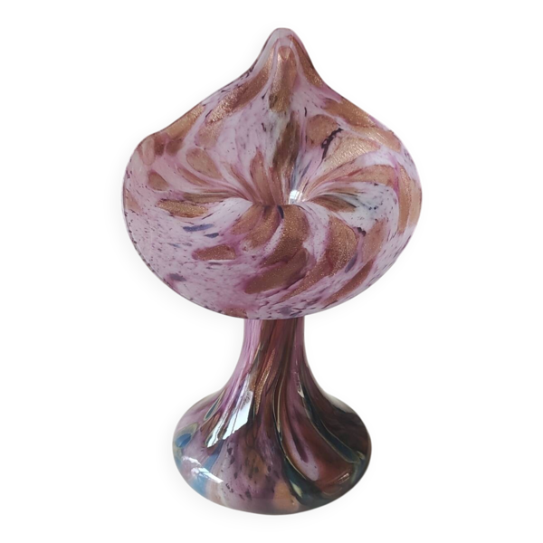 Vase Volubilis en verre d Art Murano. Moucheté fond rose. Haut 21 cm