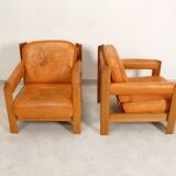 2 fauteuils en chêne et cuir cognac par Skilla