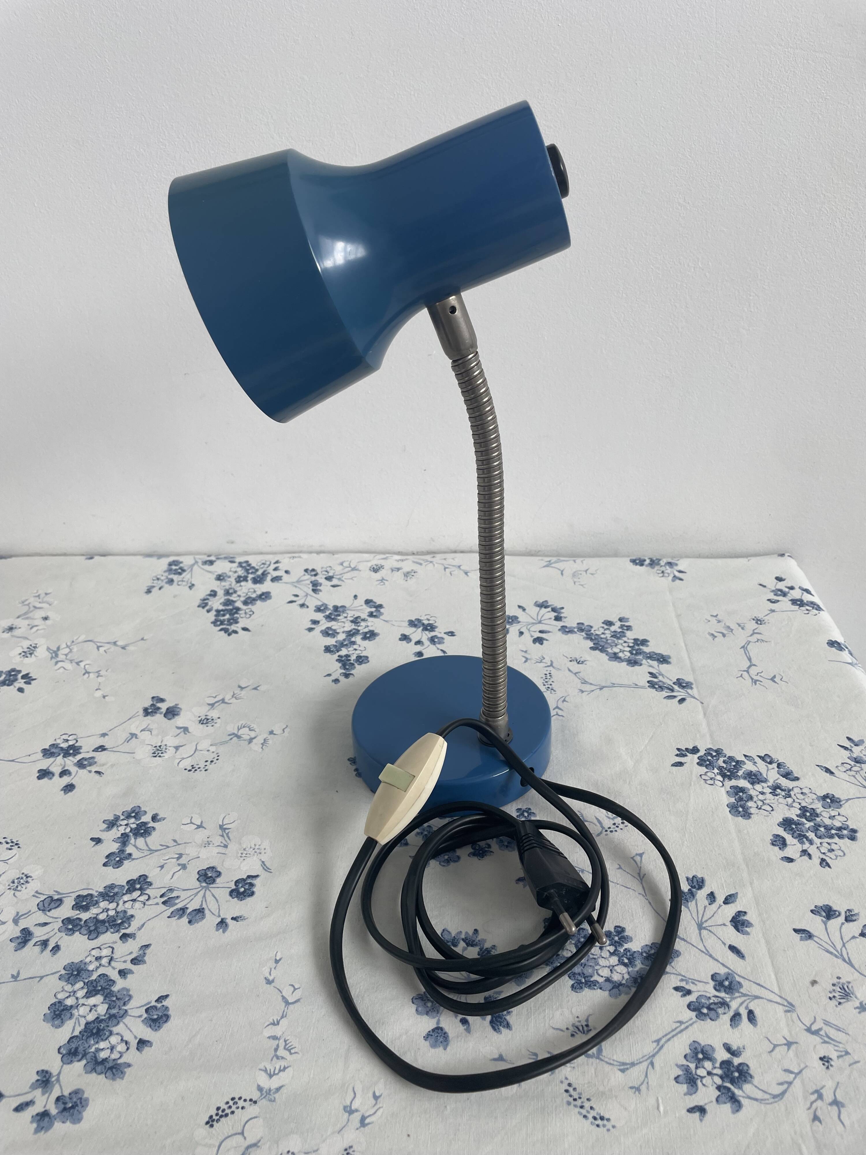 Vintage blue desk lamp, 1970s, flexible chrome metal