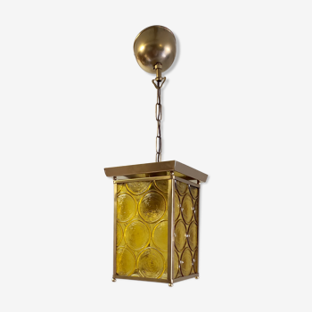 Suspension lanterne en laiton doré et verre moulé – années 50/60