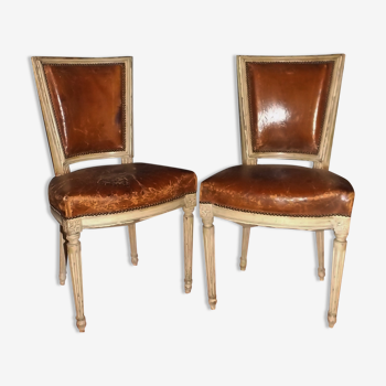 Pair of chairs carts Louis XVI garnish fine leather XIX
