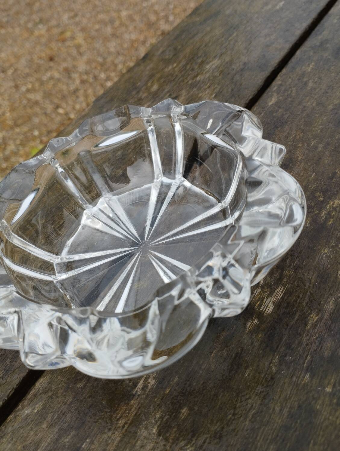 Old round ashtray/empty pocket thick transparent glass, 70s