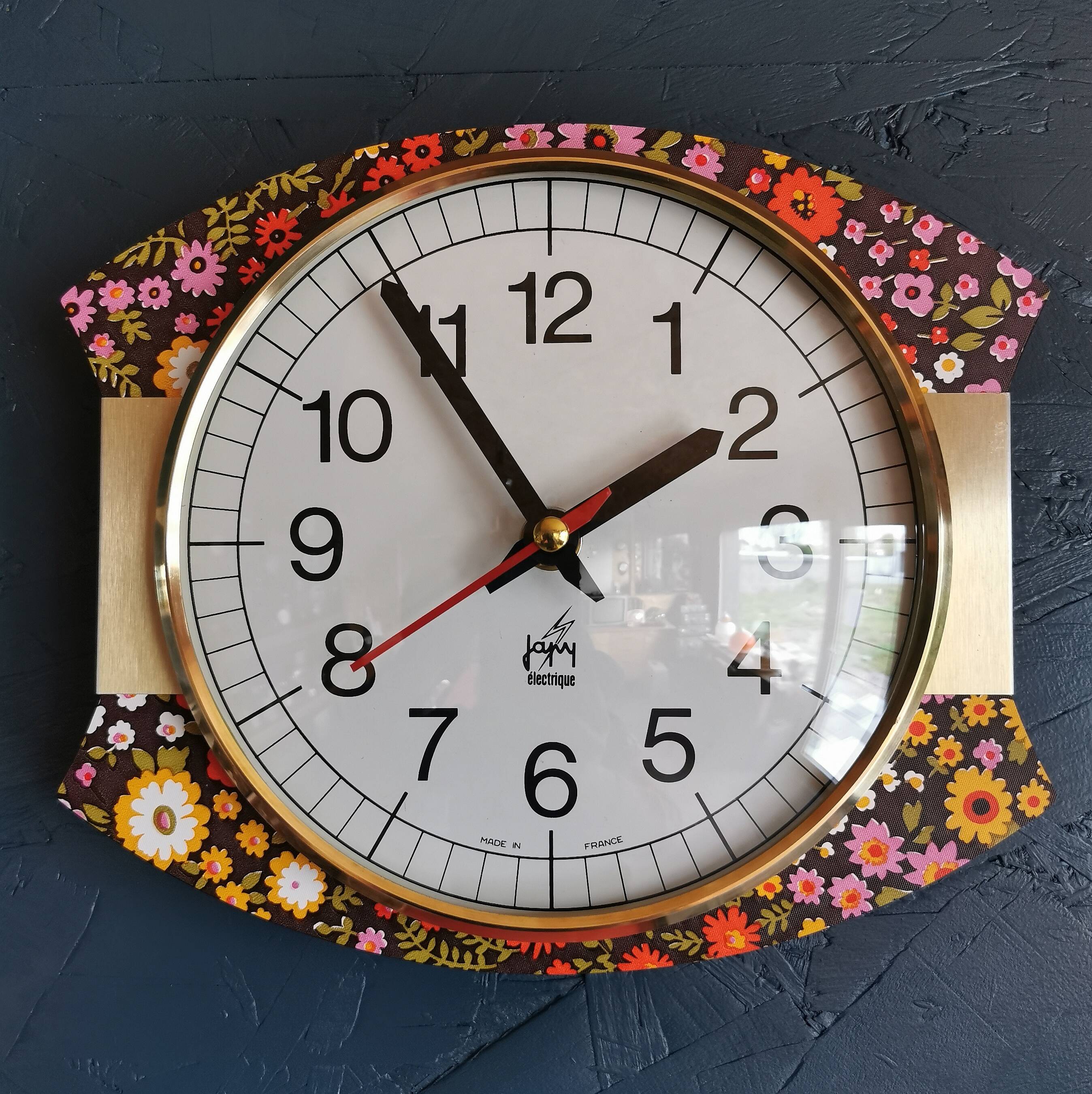 Vintage silent wall pendulum clock 70s "Japy electric flowers"
