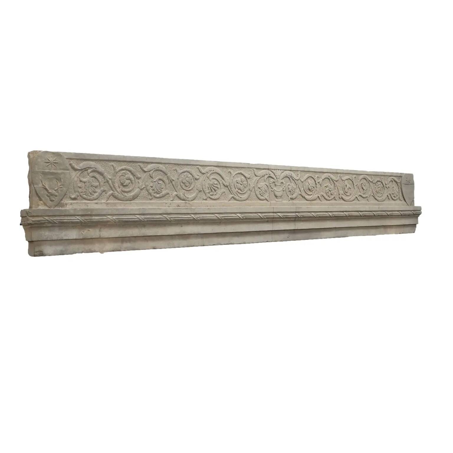 Ancient Renaissance fireplace lintel in pietra serena stone, 15th century.