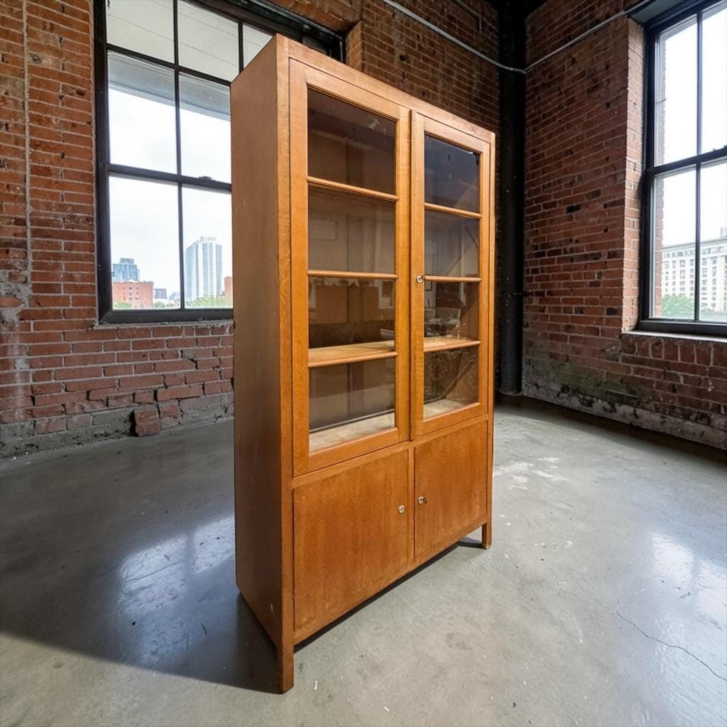 XL vintage display cabinet high in wood / cupboard / laboratory cupboard