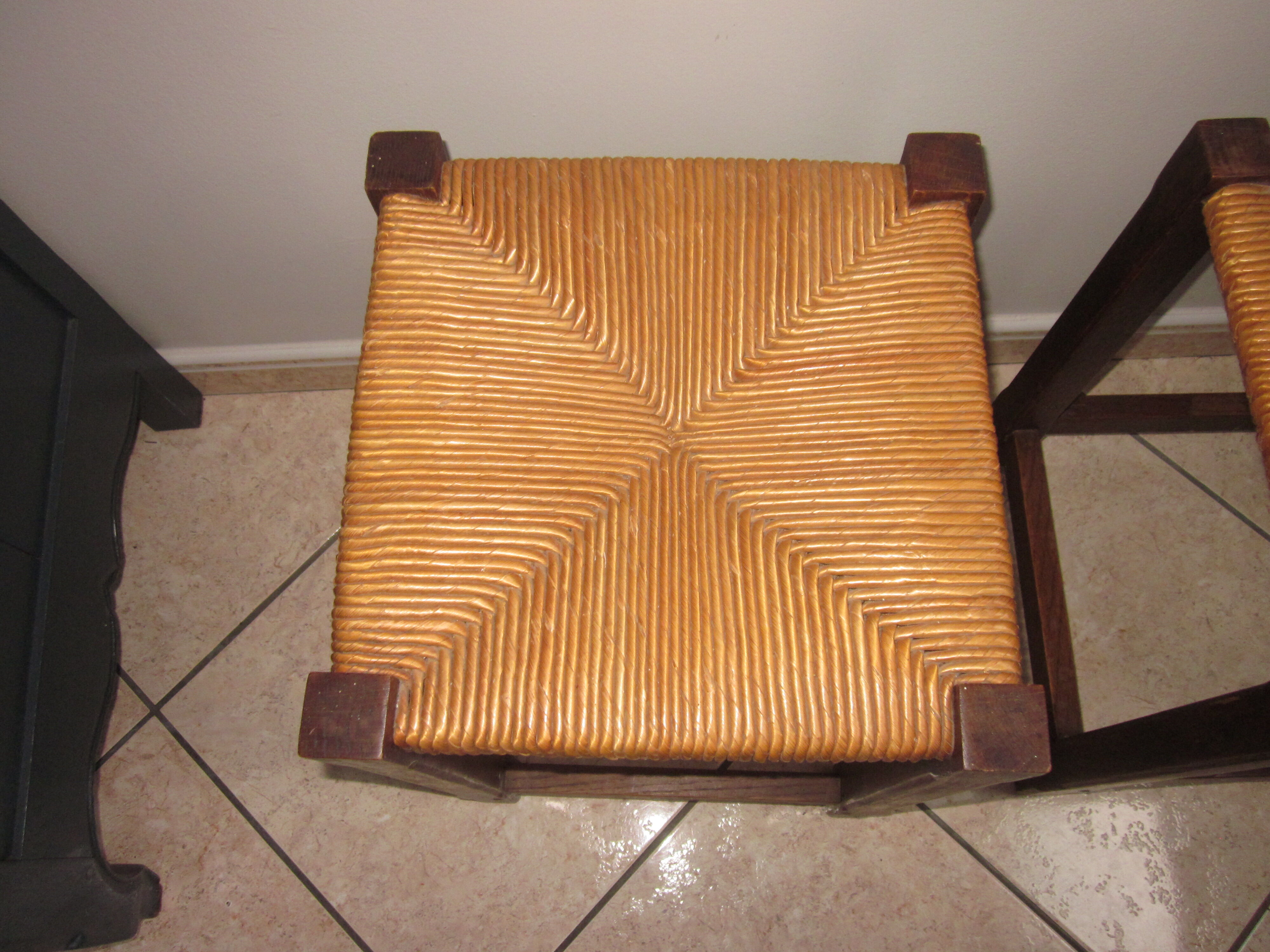 Pair of wooden and straw stools