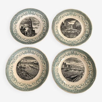 Lot of 4 talking plates in earthenware from digoin & sarreguemines, 19th century city decor of lyon