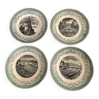 Lot of 4 talking plates in earthenware from digoin & sarreguemines, 19th century city decor of lyon