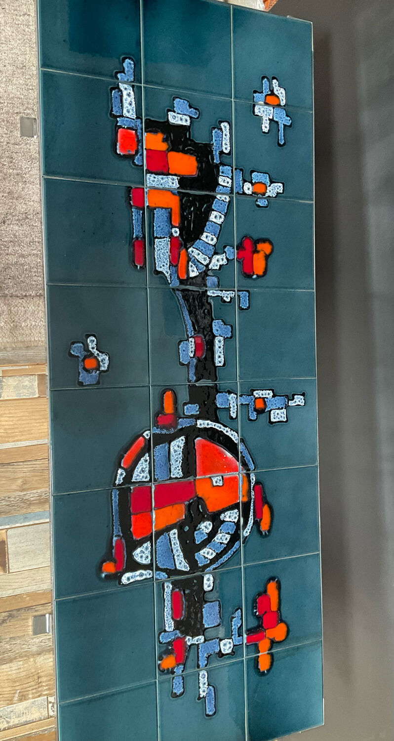 Coffee table in signed ceramic and chromed metal 70s