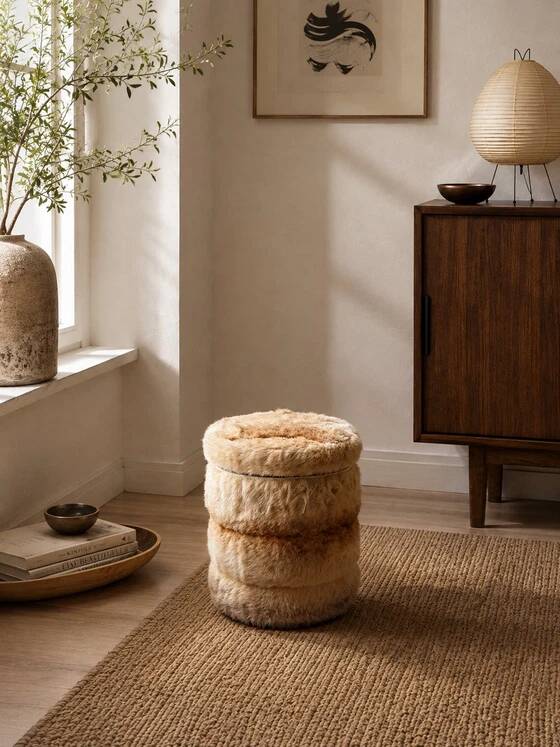 Cylindrical storage pouffe in faux fur 1970