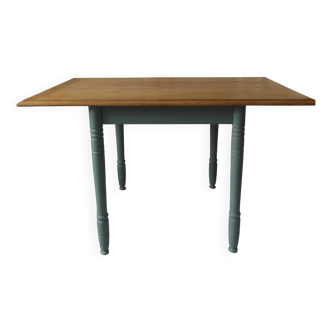 Table, vintage desk with smoked green base and waxed finish, oak top.