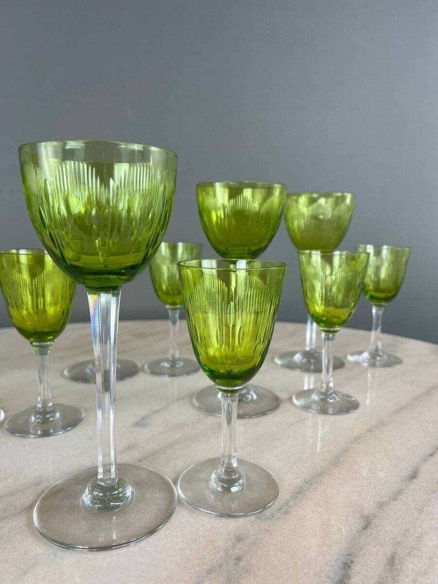 Antique baccarat green crystal glassware set, 20th century
