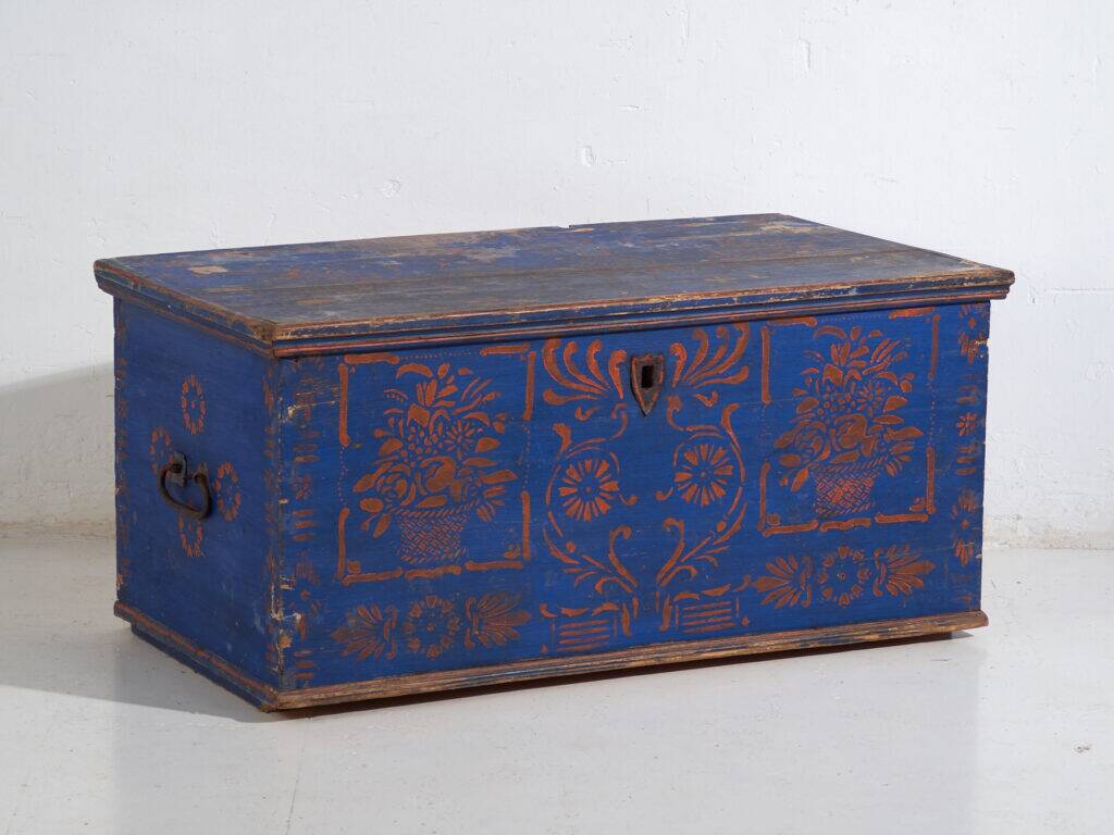 Antique wooden chest painted blue – folk art – Central Europe around 1900