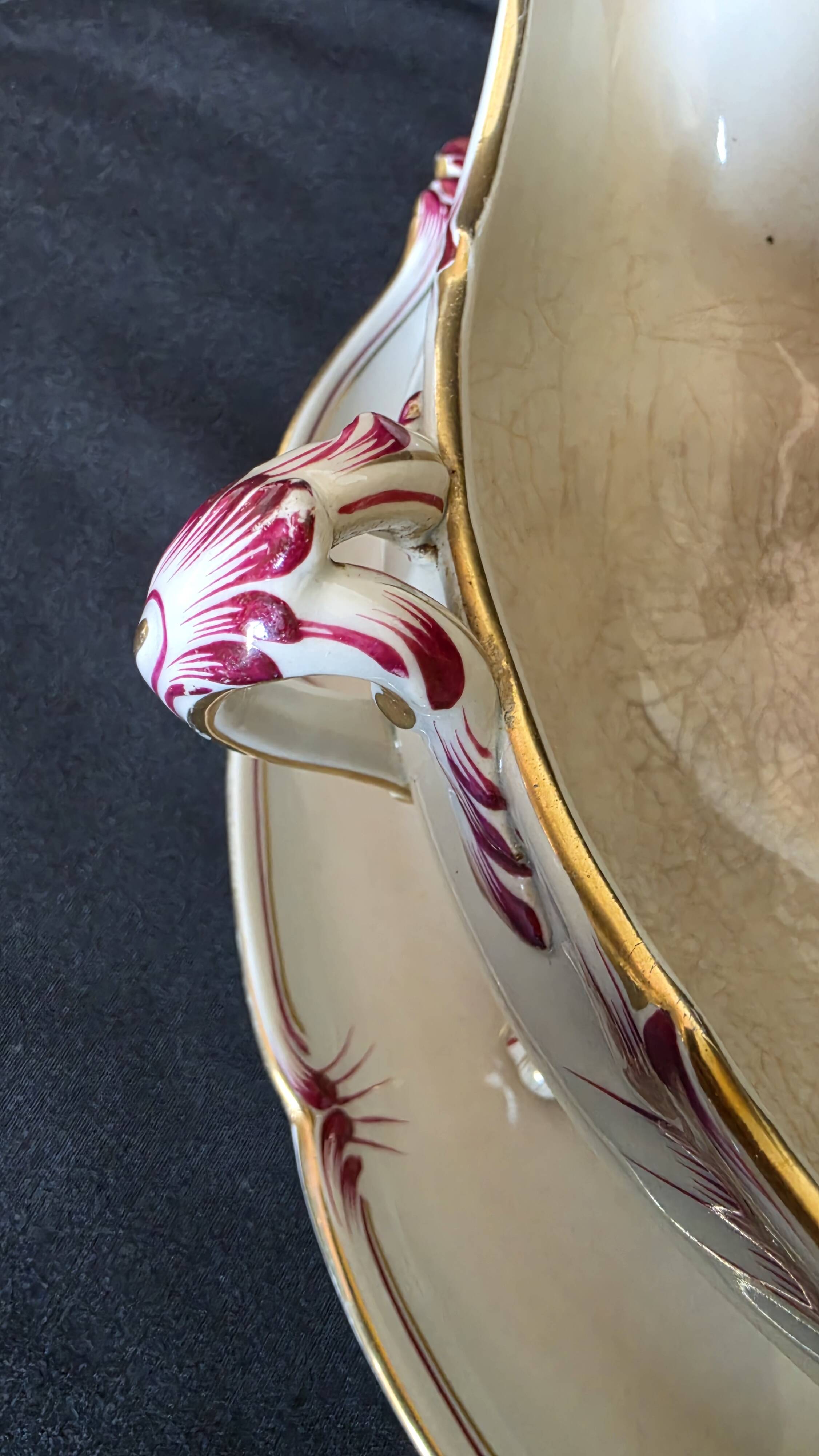 Antique sauce boat in fine earthenware from Sarreguemines, France, neo style.