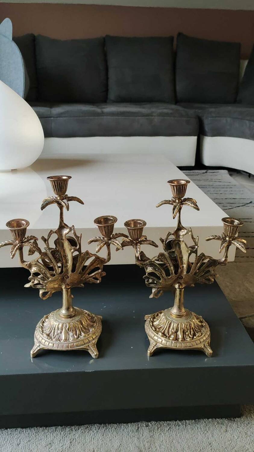 Pair of Antique 3-light candlesticks. Puttis/Cherubs. Bronze